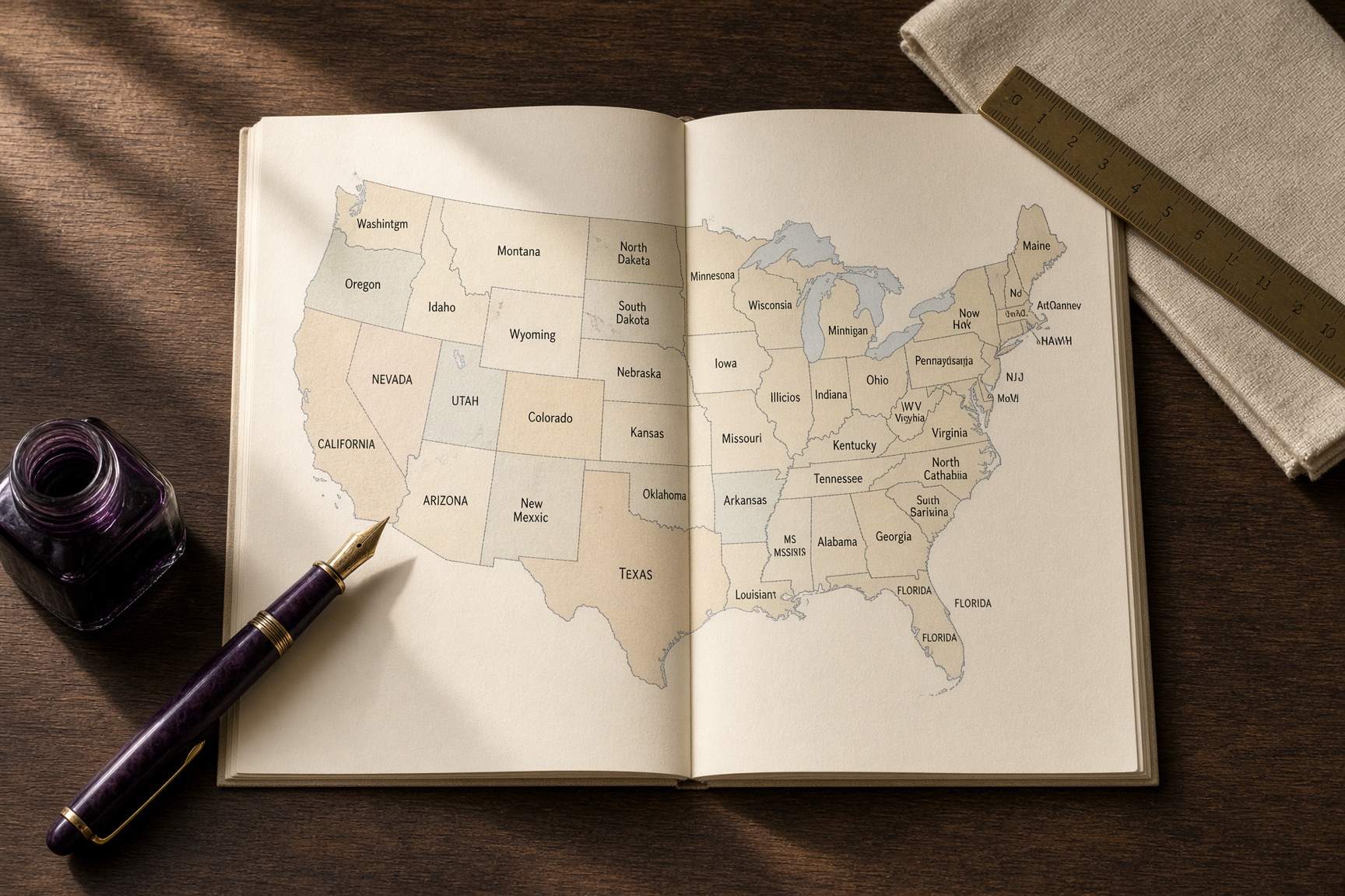 Open atlas and fountain pen on a linen table